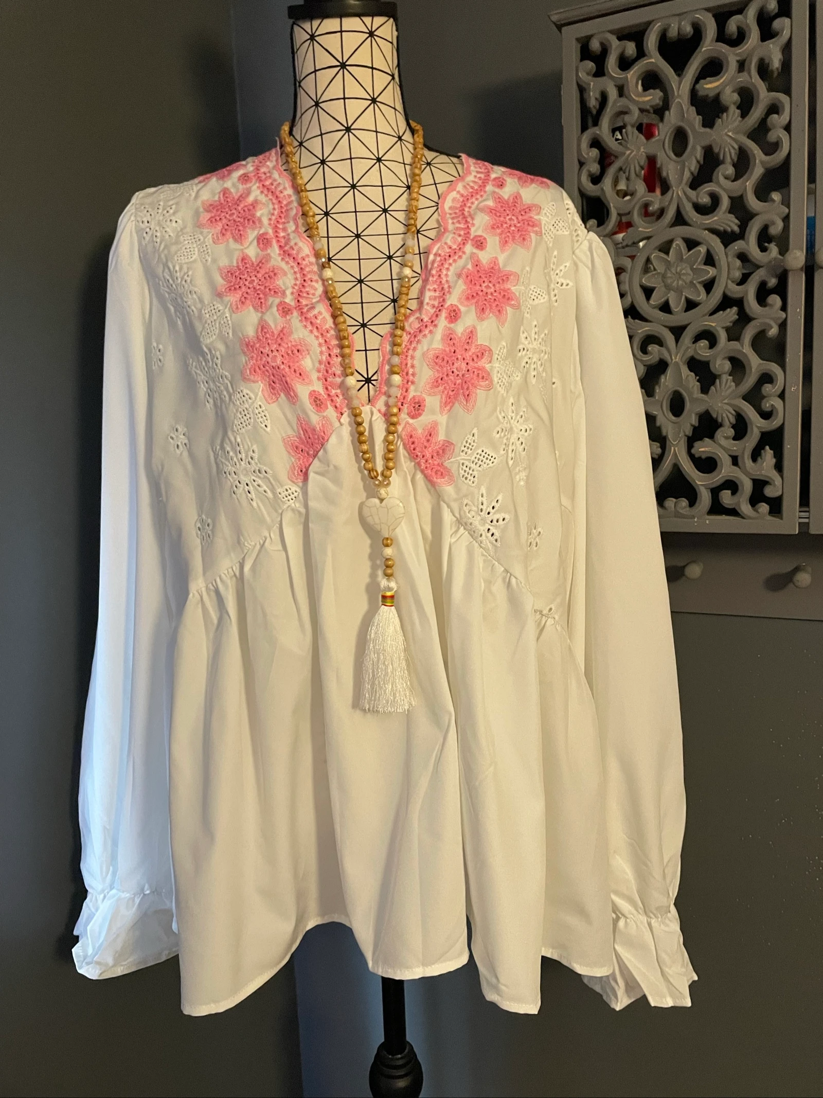💖 blusa túnica branca bordada flores rosas boémia chic tamanho grande 54 💖 – photo 4